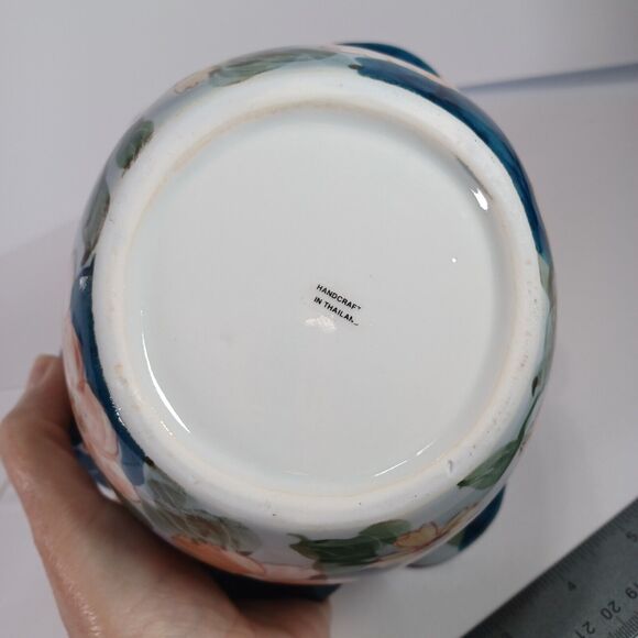 Ruffled Ceramic Basket Handcrafted Blue White Pink Floral Twisted Handle - Picture 8 of 11